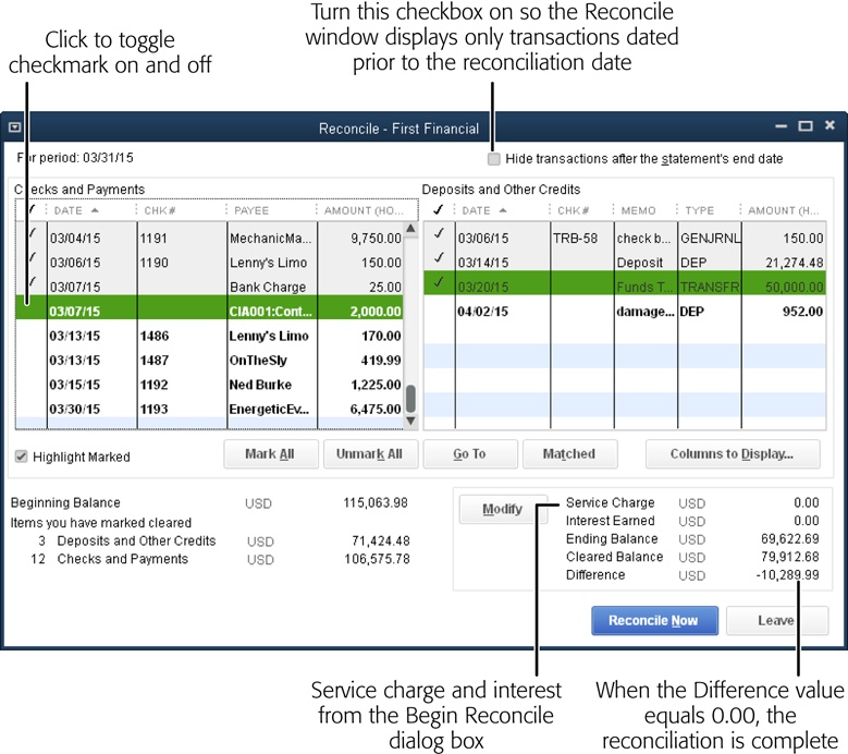 When you mark transactions as cleared by turning on their checkmarks, the Cleared Balance and Difference values below the table change to reflect the transactions you select.The Service Charge and Interest Earned values represent the service-charge and interest amounts you entered in the Begin Reconciliation window as a reminder that QuickBooks created those transactions for you. If you forgot to record the service-charge or interest amount, click the Modify button to reopen the Begin Reconciliation window.