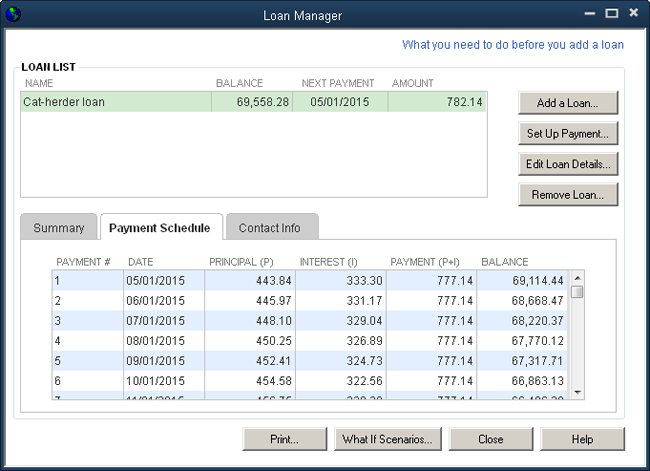 When you select a loan in the Loan List table here, the tabs at the bottom of the window display information about that loan. Most of the info on the Summary tab is stuff you entered, although Loan Manager calculates the maturity date (the date when you’ll pay off the loan). The Payment Schedule tab (shown here) lists every payment and the amount of principal and interest each one represents. The info on the Contact Info tab comes from the lender’s vendor record in QuickBooks.