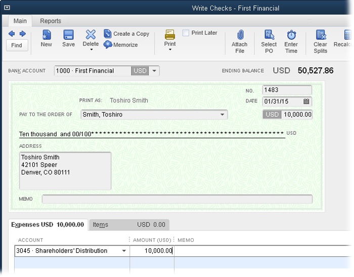 In the Write Checks window, on the Expenses tab, choose the draw account in the first blank Account cell, as shown here.When you save the check, QuickBooks debits that equity account, which decreases its balance.