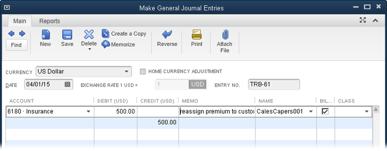 The Debit column’s total has to match the Credit column’s total. So if the first line you enter is a debit, QuickBooks helpfully enters the same amount in the second line’s Credit column, as shown here. If your first line is a credit, QuickBooks puts the same amount in the second line’s Debit column.