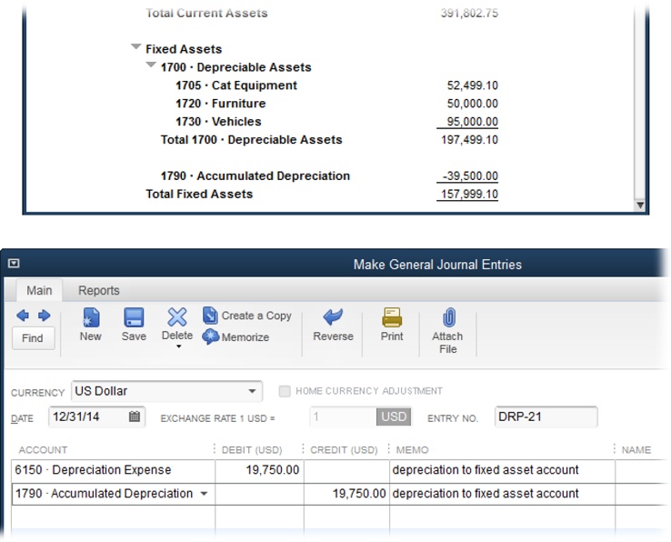 Top: A parent fixed asset account called Depreciable Assets acts as a container for all your fixed assets so you can see the total fixed asset value on your balance sheet. The Accumulated Depreciation account follows the parent Depreciable Assets account so you can see the depreciation you’ve deducted.Bottom: If you have several assets to depreciate, the commonly accepted approach is to create a spreadsheet showing the depreciation for each asset. In QuickBooks, you simply record a single Depreciation Expense debit for the total of all the depreciation credits, as shown here.