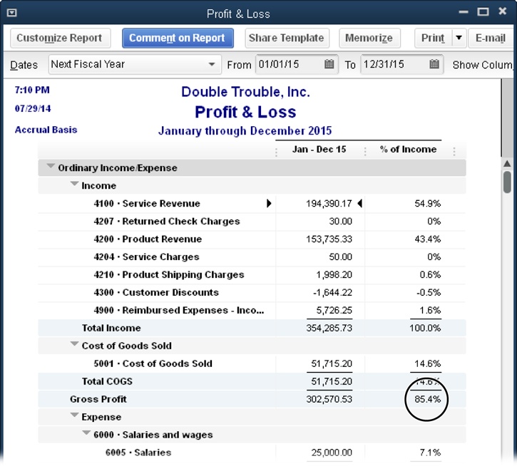 You can use the numbers in the “% of Income” column to analyze company performance in various ways.For example, when you’re trying to find places to cut costs, look for expense accounts that take up a large percentage of your income. Or compare your percentage of net profit with the average for your industry.