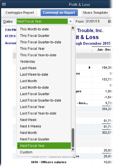 The Profit & Loss report window’s Dates drop-down list includes dozens of commonly used date ranges for the current and previous fiscal year.If you choose “This Fiscal Year-to-date,” for example, the dates in the From and To boxes change to the first day of your fiscal year and today’s date, respectively.To select specific dates, in the report window’s From and To boxes, type or choose the dates you want.