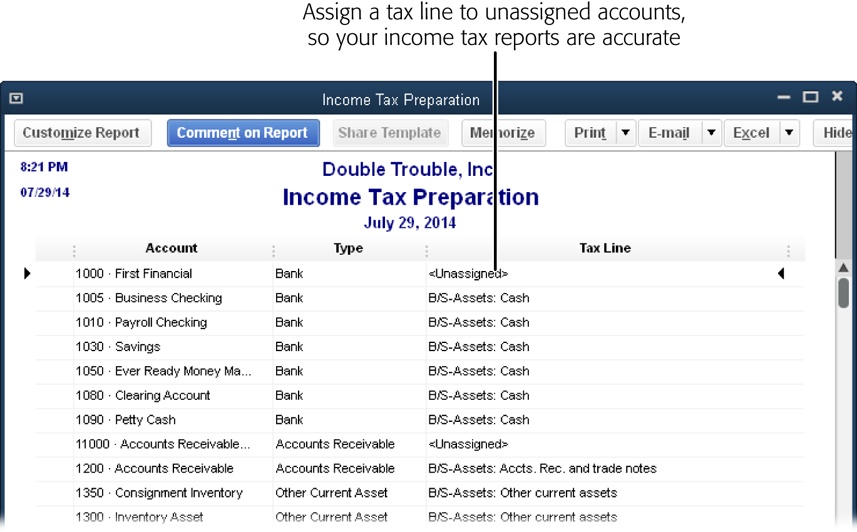 If you see “<Unassigned>” in the Tax Line column, you need to assign a tax line to that account. (The easiest way to identify the correct tax line is to ask your accountant or tax professional.) To edit an account, press Ctrl+A to display the Chart of Accounts window. Select the account, and then press Ctrl+E to open the Edit Account window. In the Tax Line Mapping drop-down list, choose the tax form and line for that account.