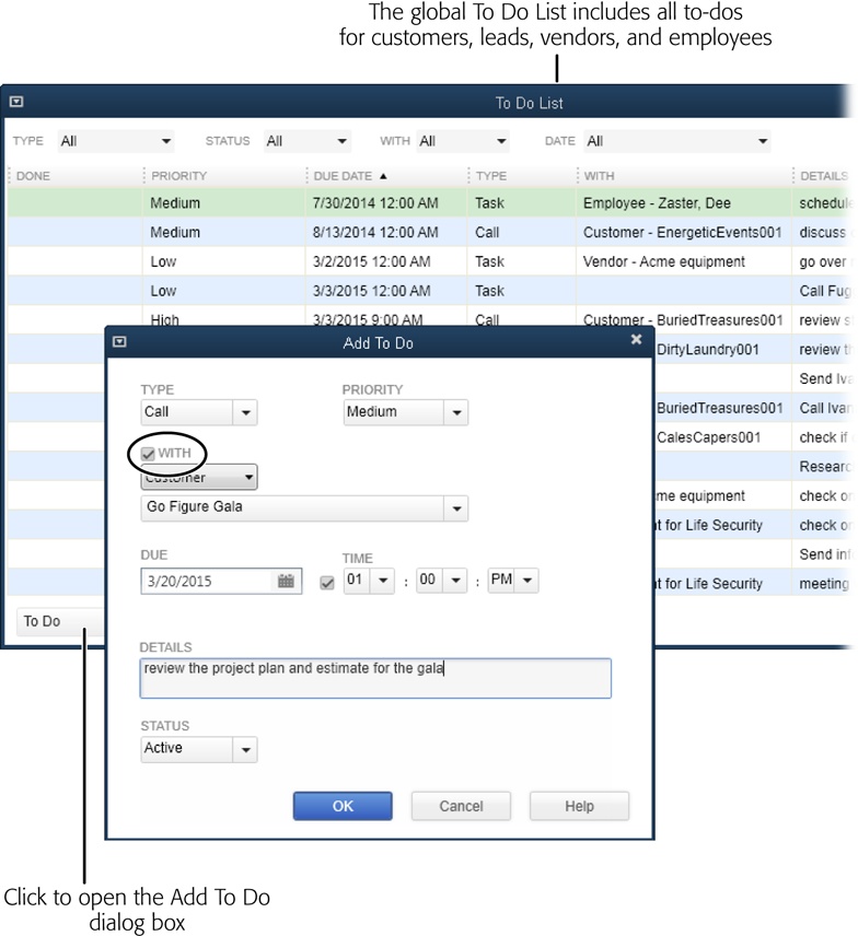 If a to-do is a task or communication with someone, turn on the With checkbox (circled), and then specify the person or company it’s connected to.However, a to-do doesn’t have to be associated with anyone. For example, you may just want a reminder to submit your quarterly income tax form. In a situation like that, simply leave the With checkbox turned off.
