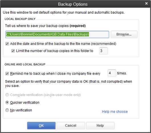The top section of this dialog box includes settings that apply only to local backups, like the location and the number of copies you want to save.The settings in the “Online and Local Backup” section, on the other hand, apply whether you create a backup on your computer or use one of Intuit’s online backup services (page 497). For example, you can specify how thoroughly you want the program to verify that your data isn’t corrupted.