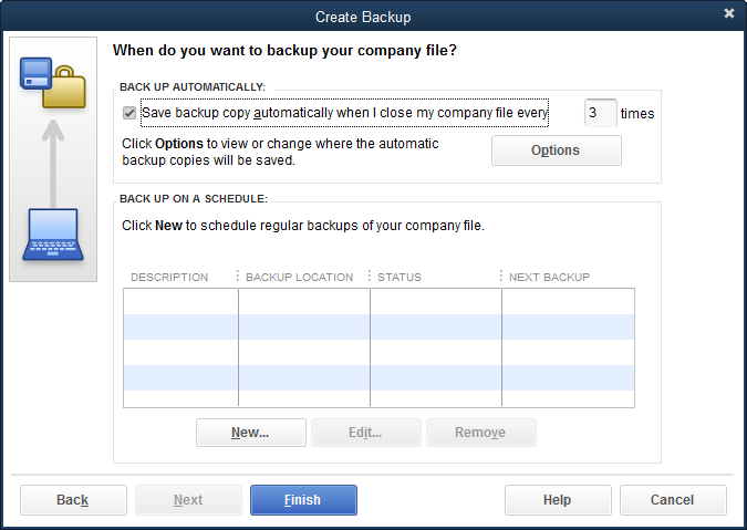 To change the location and other details of your automatic backups, click the Options button shown here.Page 492 explains the settings you can choose.