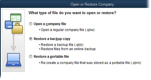Similar to when you create backups, you have to tell QuickBooks that you want to restore a backup file and where that file is. From this dialog box, you can open a regular company file, restore a backup, restore a portable file (page 505), or convert an accountant’s copy (you’ll see this last option only if an accountant’s copy of your company file [page 462] exists).