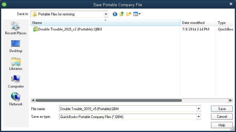 The Save Portable Company File dialog box opens to your computer’s desktop the first time around.If you want to save the file to a folder, choose the folder. From then on, QuickBooks opens this dialog box to the last folder you selected.
