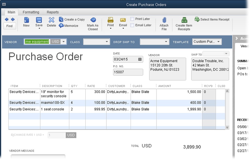QuickBooks has one predefined template for purchase orders, although it’s called Custom Purchase Order. If you want to customize your purchase order form, at the top of the Create Purchase Orders window, click the Formatting tab, and then click Manage Templates. Page 707 tells the whole story of customizing templates.