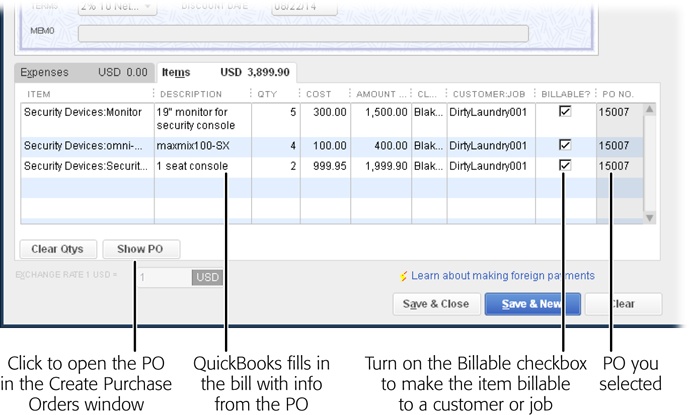 When you choose an open purchase order, QuickBooks uses the information from it to fill in fields in the Enter Bills window with most of the info about the items you ordered, such as the item table (shown here) and the Amount Due field in the header (not shown).