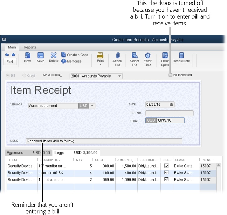 Because you’re only adding inventory to your company file, QuickBooks automatically turns off the Bill Received checkbox in the Create Item Receipts window.To make it crystal clear that you aren’t creating a bill, the program displays the words “Item Receipt” and, in the Memo box, adds the message “Received items (bill to follow).”