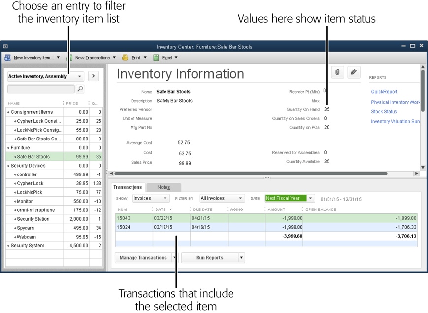 The left-hand panel lists the inventory items in your company file. You can control which fields appear in this panel by right-clicking it and choosing Customize Columns from the shortcut menu. Information about the selected item appears at the window’s top right, and transactions involving the item appear in the table at the bottom right. To edit an item’s fields, click the Edit button (the pencil icon). To run inventory reports, click one of the links in the window’s upper right, such as Stock Status or Inventory Valuation Summary.