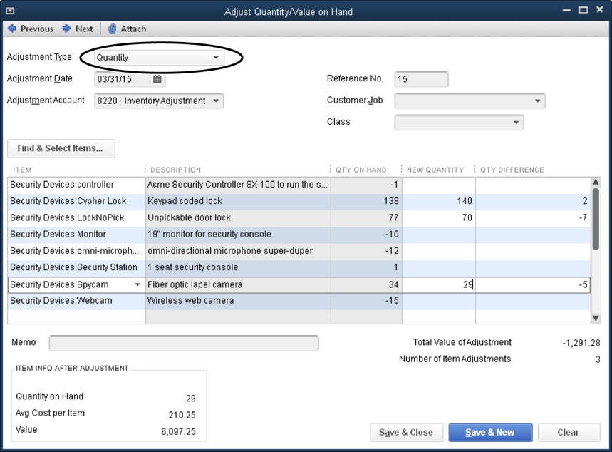 In this window’s table, QuickBooks shades the columns you can’t change.When you choose Quantity in the Adjustment Type box (circled), the Item, New Quantity, and Qty Difference columns are the only ones you can edit.