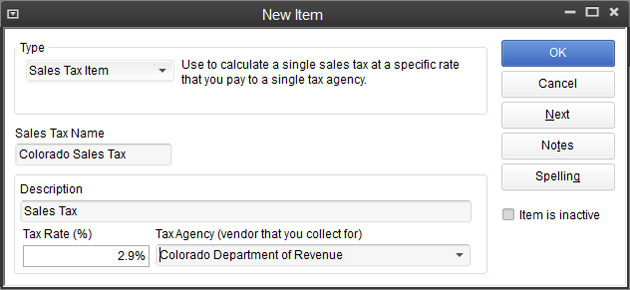 The “Tax Rate (%)” field sets the tax’s percentage. The Tax Agency drop-down list shows the vendors you’ve set up, so you can choose the agency to which you remit the taxes. If you have to collect multiple sales taxes from a customer, a Sales Tax Group item is the way to go (see the box below).
