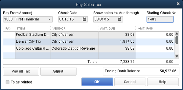 If you remit sales taxes to only one tax agency or all your sales tax payments are on the same schedule, you can click Pay All Tax to select every payment in the table. But if you make payments to different agencies on different schedules, select all the agencies on the same schedule, and then repeat these steps for agencies that are on a different timetable.