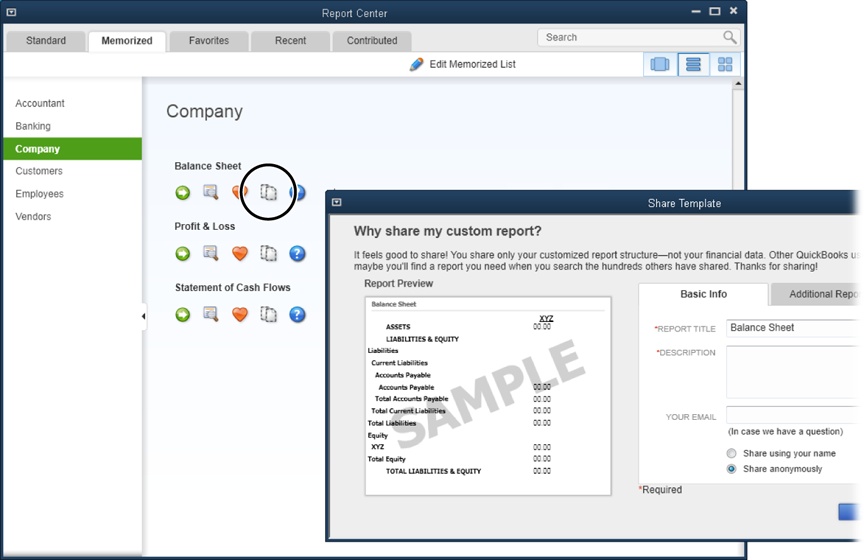 To share a report, click the icon circled here.In the Share Template dialog box (foreground), the “Share anonymously” option is selected automatically, but you can select the “Share using your name” option if you want some publicity for your creations.On the dialog box’s Additional Report Info tab, you can designate a category and choose the industries the report applies to.