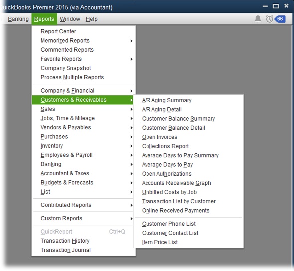 The Reports menu not only includes built-in QuickBooks reports and reports you memorize; it can also launch the Report Center and the Company Snapshot, and it contains the Process Multiple Reports feature, described in the box on page 582. In QuickBooks 2015, you can also choose Commented Reports to access reports that you or others have added comments to.