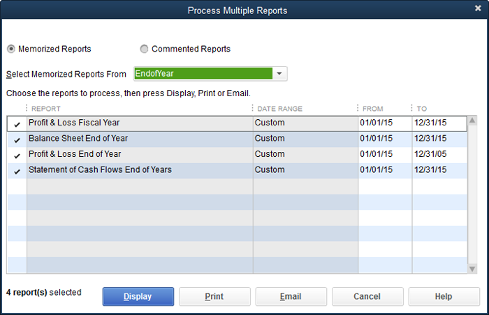 The Date Range column is grayed out because you can’t choose a different date range there. However, the From and To columns’ backgrounds are white, which means you can change the starting and ending dates for reports. (If you adjust any dates, the report’s Date Range cell changes to read “Custom.”) Simply turn on the appropriate checkmarks, and then click Display or Print to run your reports.