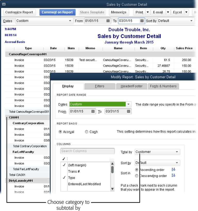 When you run a report with transaction details, QuickBooks picks a category to subtotal by. For example, the Sales by Customer Detail report starts with sales subtotaled by customer.To change the subtotal category, in the report’s window, click Customize Report. Then, in the Modify Report dialog box (foreground), choose another field in the “Total by” box, like “Class” or “Customer type.”