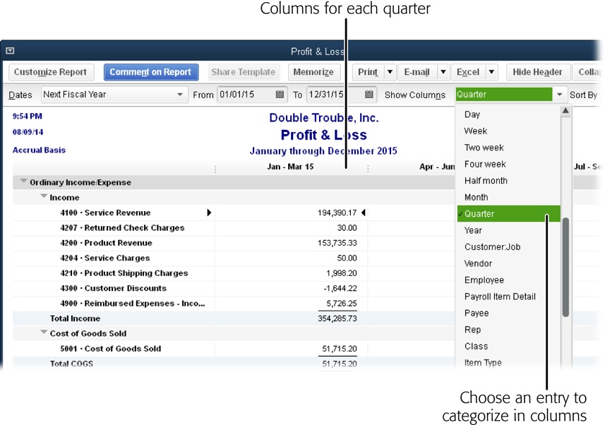 In a report window’s toolbar, the Show Columns drop-down list sets the categories for the columns in the report—basically, subtotaling by column. When you choose Quarter, for example, the report changes from a single, yearlong total to columns that subtotal each fiscal quarter (as shown here). Simply choose another category to slice results up differently. For example, choosing Class makes QuickBooks include a column for each class you use.