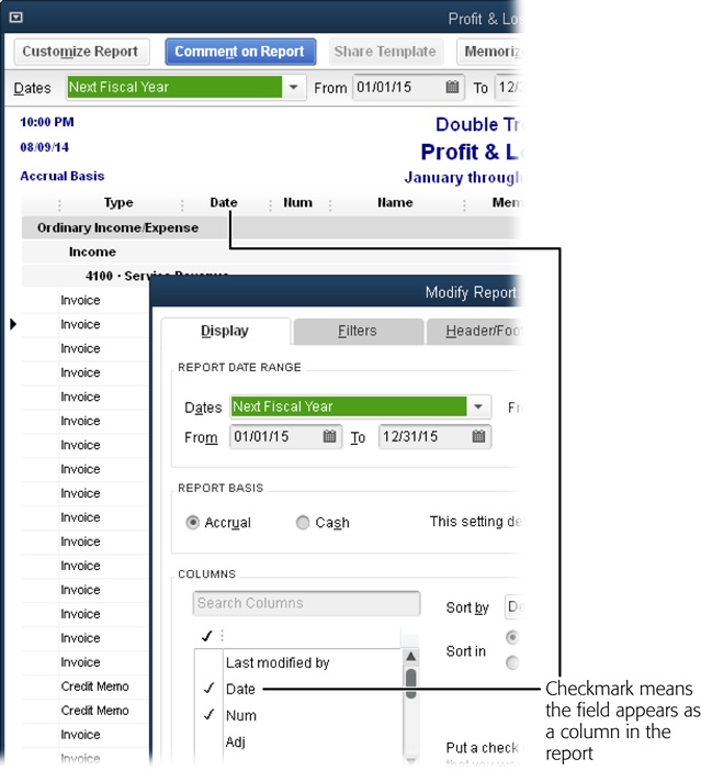 For a detail report, the Display tab of the Modify Report dialog box includes a list of fields you can choose to include as columns in the report.If a field’s name is preceded by a checkmark, click the field’s name to remove it from the report. If there’s no checkmark, click the field’s name to add it.