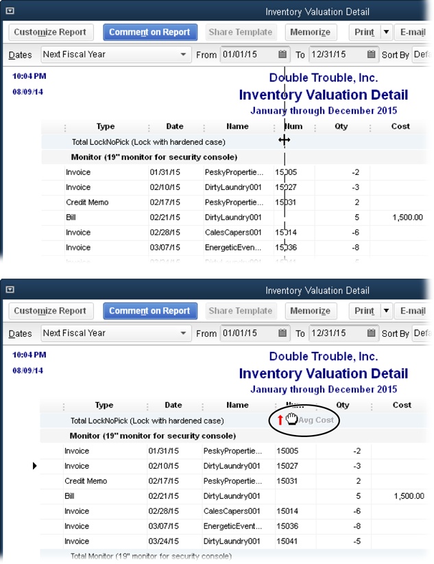 Top: Three vertical dots indicate the end of a column heading. If you mouse over one of these dividers, your cursor turns into a two-headed arrow. Drag to the right to make the column on the left wider, or to the left to make that column narrower.Bottom: In detailed and list reports, when you put your cursor over a column heading, it turns into a hand icon to indicate that you can move the column to another location. As you drag, the pointer shows both the hand icon and the name of the column. When you get close to the left side of a column, a red arrow (circled) appears to show where the column will end up if you release the mouse button.