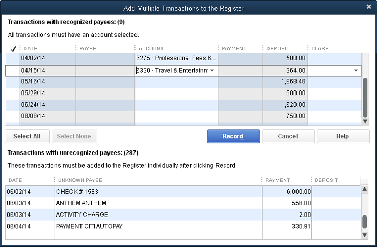 You can’t do anything with the transactions listed at the bottom of this window that have unrecognized payees. To correct those transactions, close this window and, back in the Match Transactions window, select a transaction, and then click Add One to Register. You can then edit the payee name in the register. Repeat this process to fix the other transactions listed in the bottom of the window.
