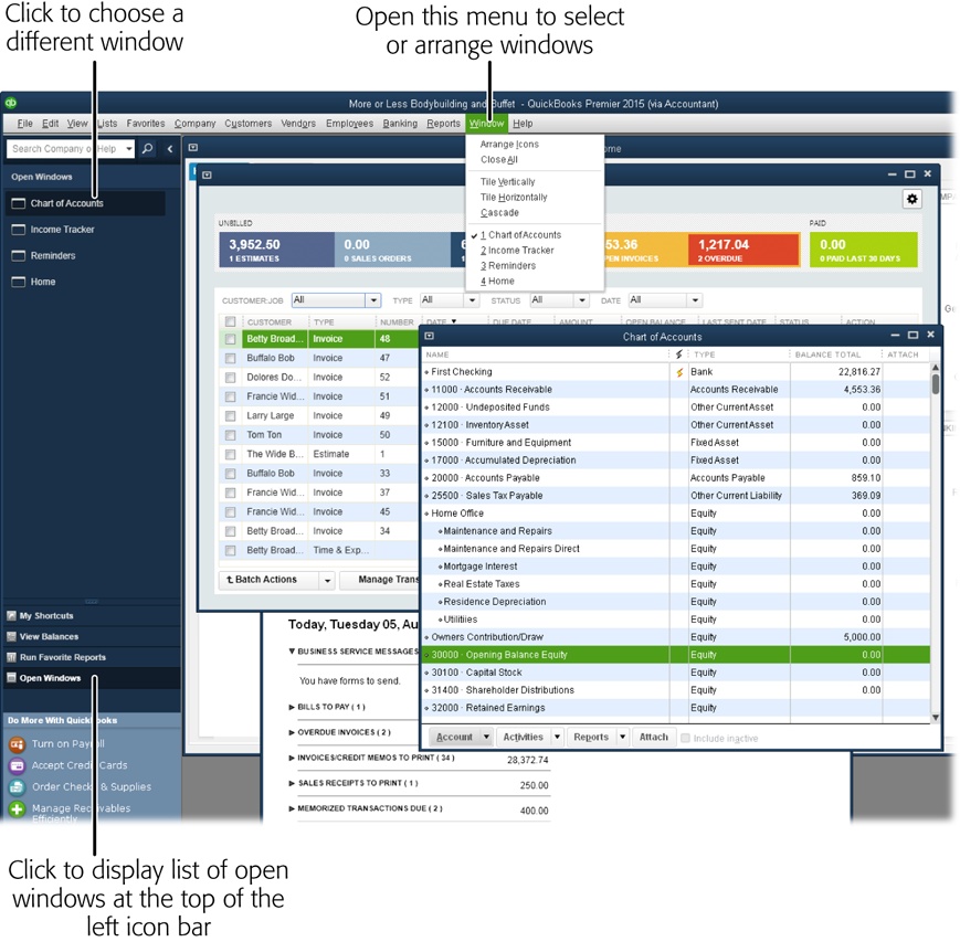 The Multiple Windows option displays several windows at the same time.In this mode, you can click a window to bring it to the front, reposition it by dragging its title bar, or resize it by dragging its edges and corners.