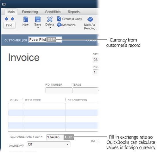 In transaction windows and dialog boxes, QuickBooks initially fills in the Currency box with your home currency.However, after you set up a customer or vendor to use a foreign currency, QuickBooks automatically uses that currency instead, as shown here.