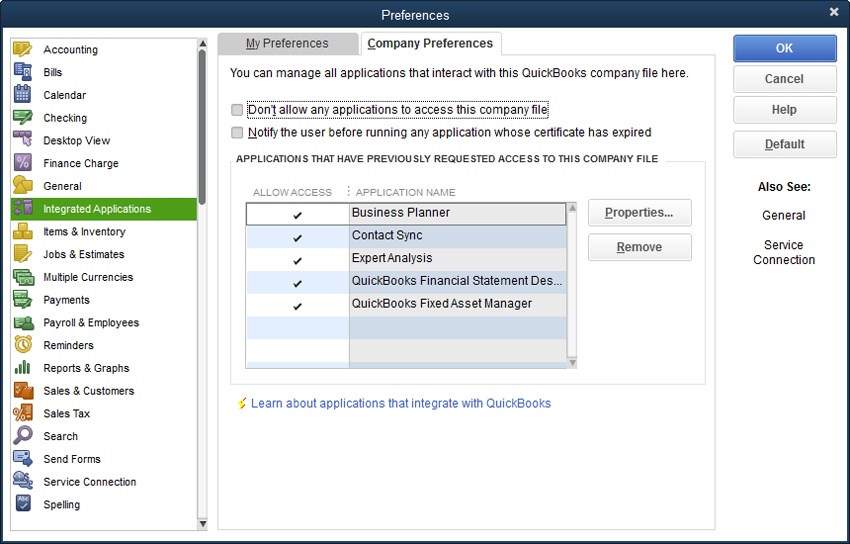Only the QuickBooks administrator can give programs access rights.To learn more about how integrated apps work with QuickBooks, click the “Learn about applications that integrate with QuickBooks” link shown here. When you do that, a browser window opens to a support page that describes Intuit Sync Manager, a feature that synchronizes your QuickBooks data with Intuit’s online services and third-party apps you use.
