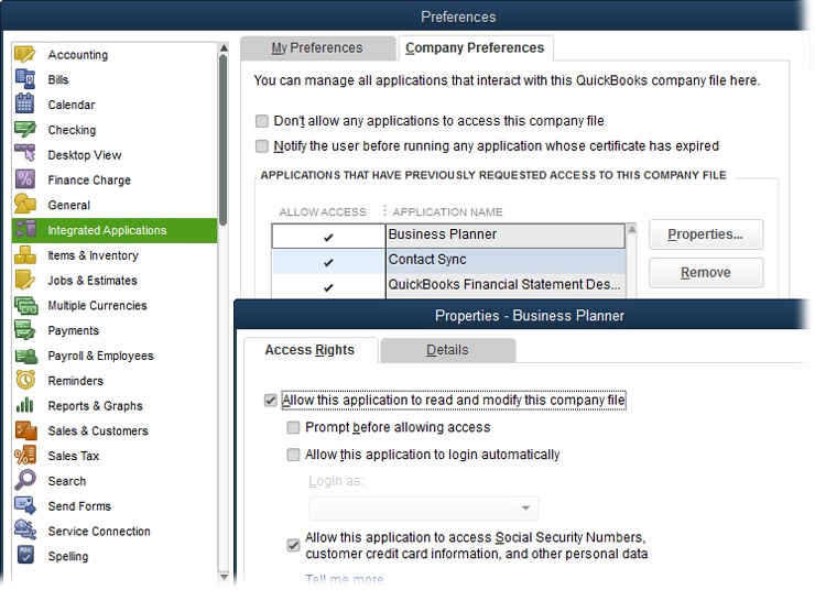 To change an integrated application’s access rights, on the Company Preferences tab, select the application, and then click the Properties button.In the Properties dialog box that appears, you can turn checkboxes on and off to remove access or change the level of access the program has. The Details tab shows the program’s name, the company that developed it, its version, and its certificate.
