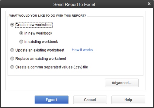 When you create an Excel workbook by exporting a report, QuickBooks automatically includes a worksheet in it with tips for working with the resulting Excel worksheet.If you don’t need help with Excel, click the Advanced button shown here and then, in the Advanced Excel Options dialog box, turn off the “Include QuickBooks Export Guide worksheet with helpful advice” checkbox.