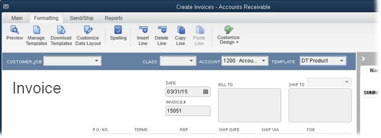 To preview a form before you print it, in the transaction window (like Create Invoices, shown here), click the Formatting tab, and then click Preview. If the form doesn’t look the way you want, repeat the template customization steps to change it. When you’re done, click the transaction window’s Main tab, and then click the Print icon.