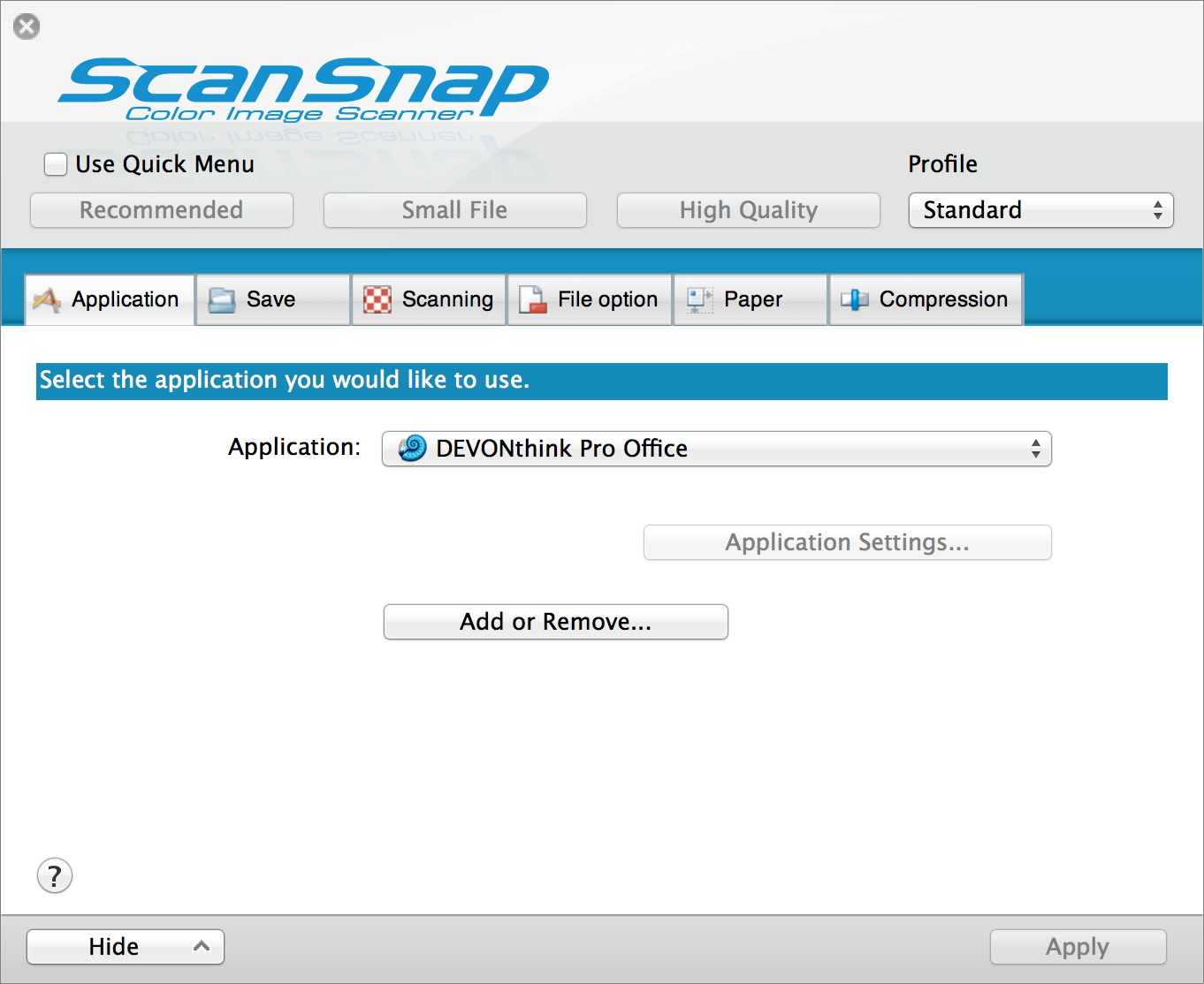 **Figure 3:** In ScanSnap Manager, choose an app on the Application tab to send scanned documents directly to it.