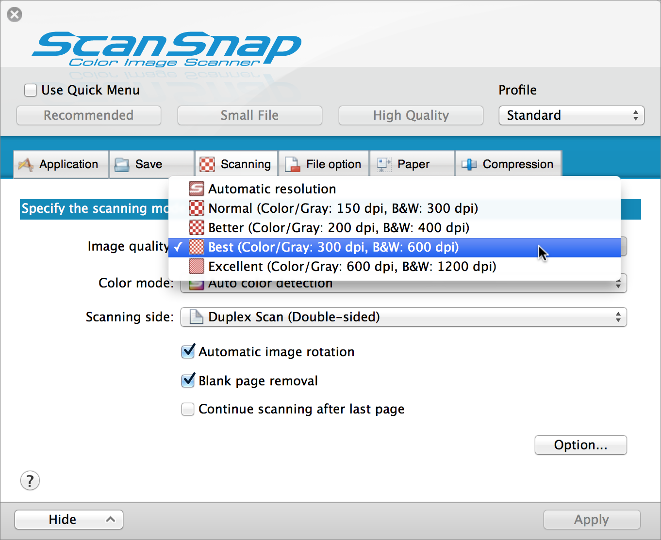 **Figure 2:** In ScanSnap Manager, choose a resolution from the Image Quality pop-up menu.