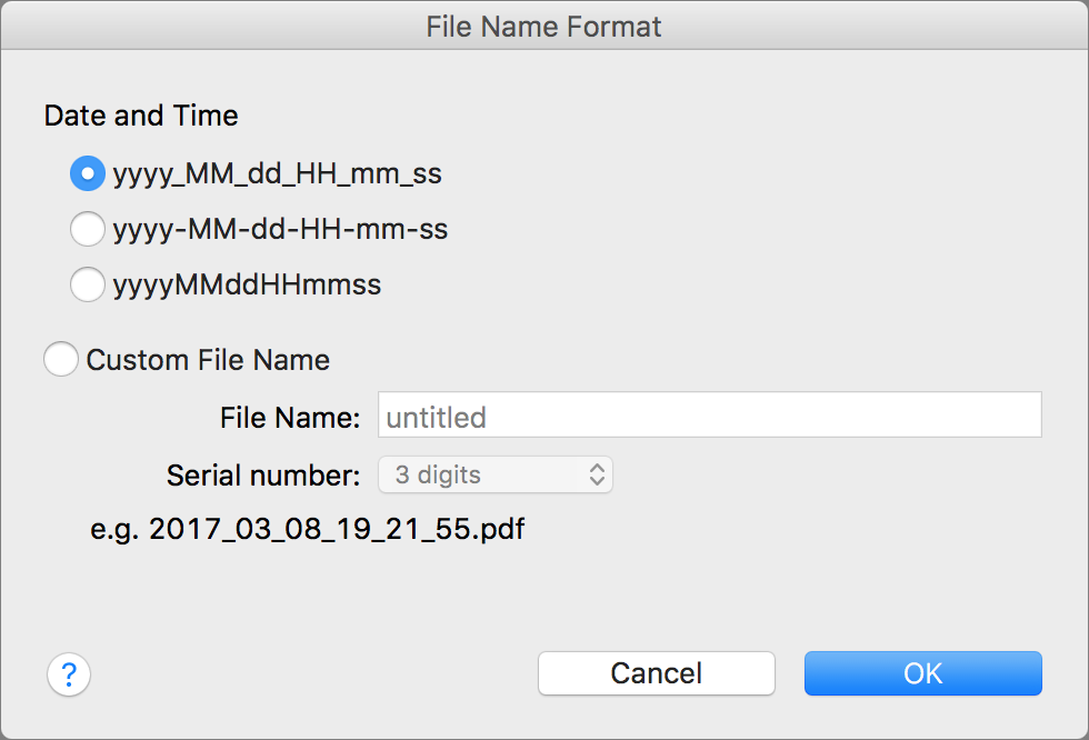 **Figure 4:** Most scanner software lets you choose what format filenames have when documents are first scanned.