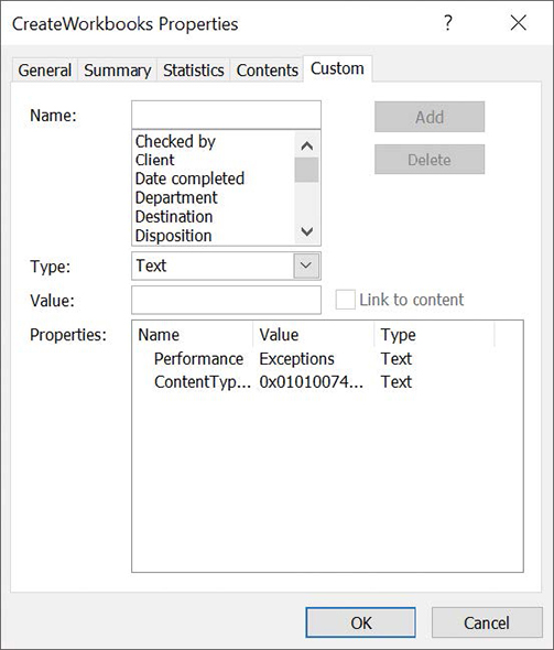 Screenshot of the Custom tab of the Properties dialog box.