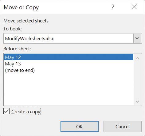 Screenshot of the Move or Copy dialog box with the Create a Copy check box selected.