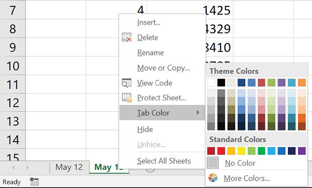 Screenshot of the Tab Color palette from which you can select a new color for a sheet tab.