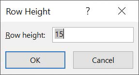 Screenshot of the Row Height dialog box displaying a row height of 15 points.