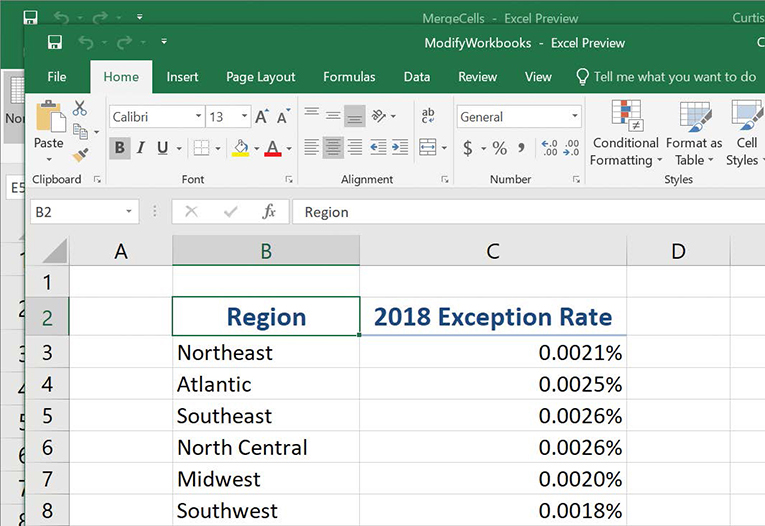 Screenshot of cascaded Excel windows.