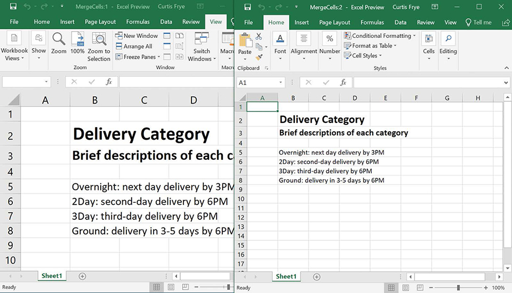 Screenshot of two copies of the same workbook displayed side by side.