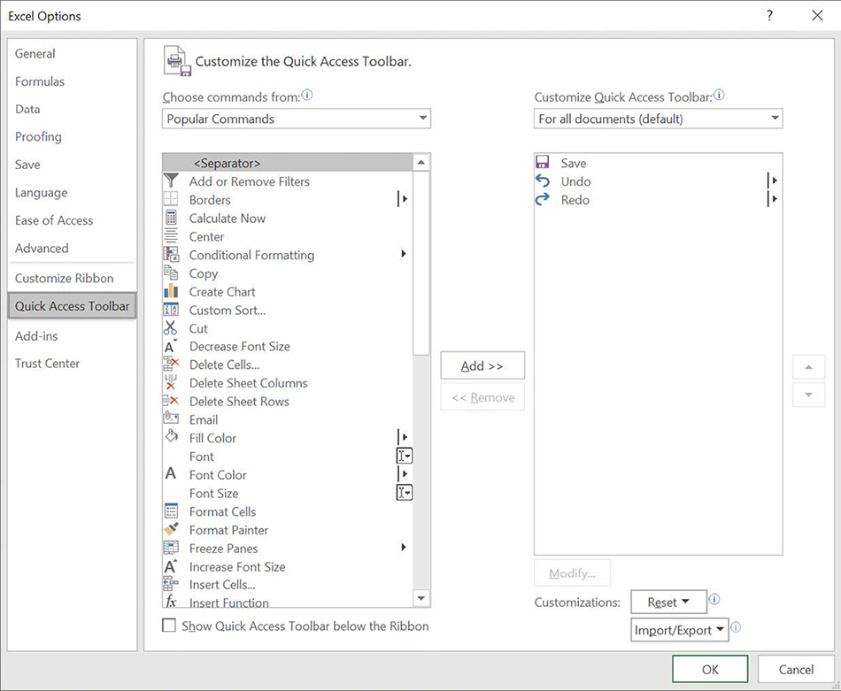 Screenshot of the Quick Access Toolbar page of the Excel Options dialog box.