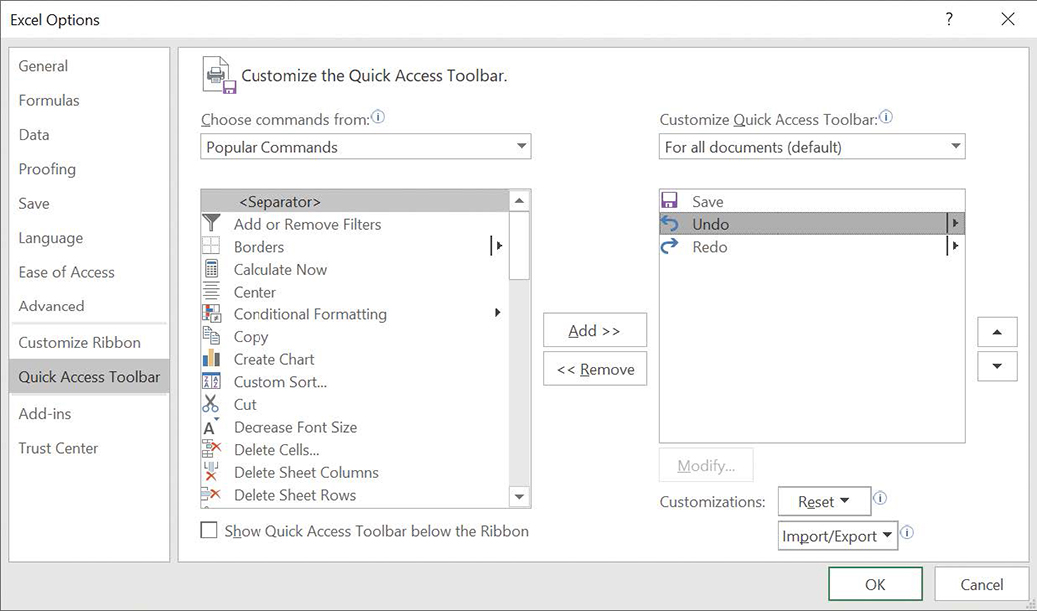 Screenshot of the Quick Access Toolbar page of the Excel Options dialog box, with a button selected and the Move Up and Move Down buttons activated.