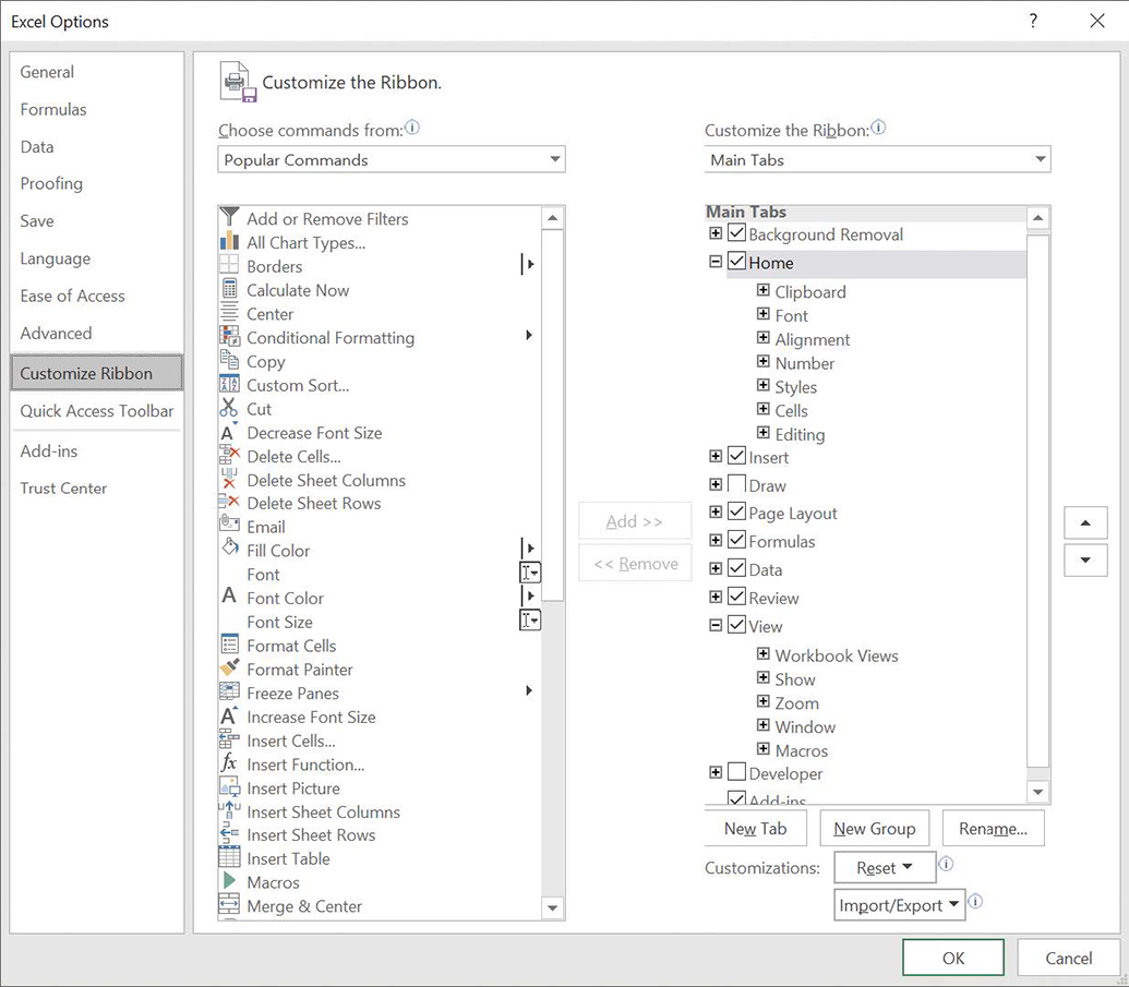 Screenshot of the Customize Ribbon page of the Excel Options dialog box.