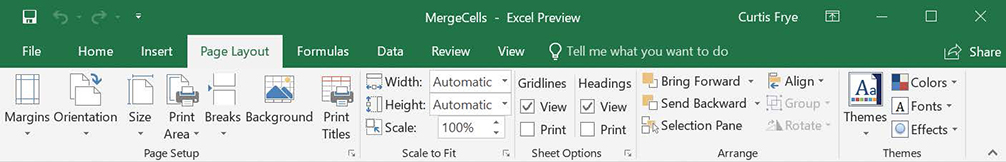 Screenshot of the Page Layout ribbon tab with the Themes group moved to the right end of the tab.