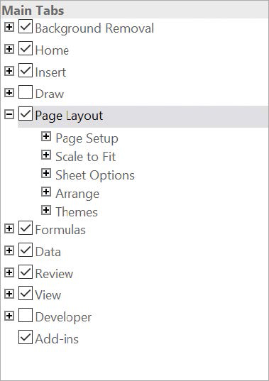 Screenshot of the list of main tabs available for display on the ribbon.