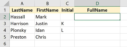 Screenshot of a worksheet that contains a data list with columns for LastName, FirstName, Initial, and FullName.