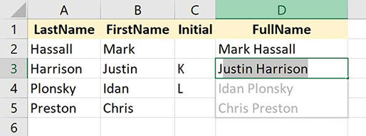 Screenshot of Flash Fill suggestions for a list of names.